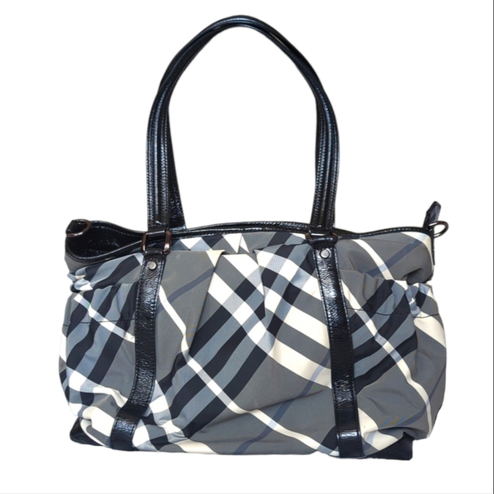 BURBERRY Patent Leather Nylon Check Duffle/Diaper Bag